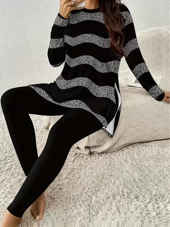 Women Striped Printing Two-Piece Set Daily Long Sleeve Casual Spring/Fall Top With Pants Matching Set