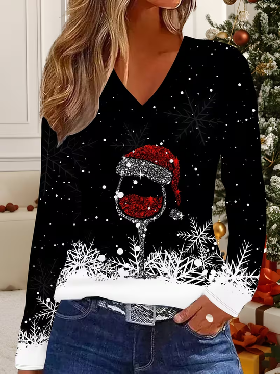 Women Christmas Long Sleeve Tee T-shirt V Neck Printing Casual Spring/Fall Graphic Tee Top
