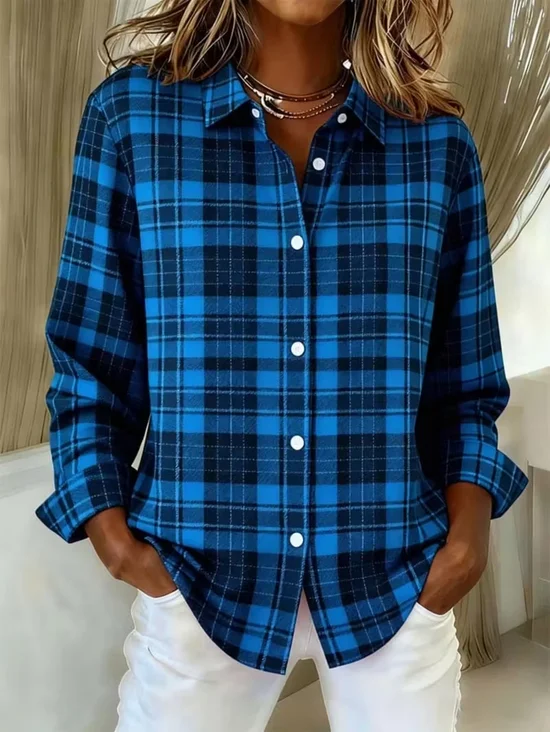 Women Plaid Long Sleeve Shirt Spring/Fall Buckle Shirt Collar Regular Sleeve Daily Casual Top