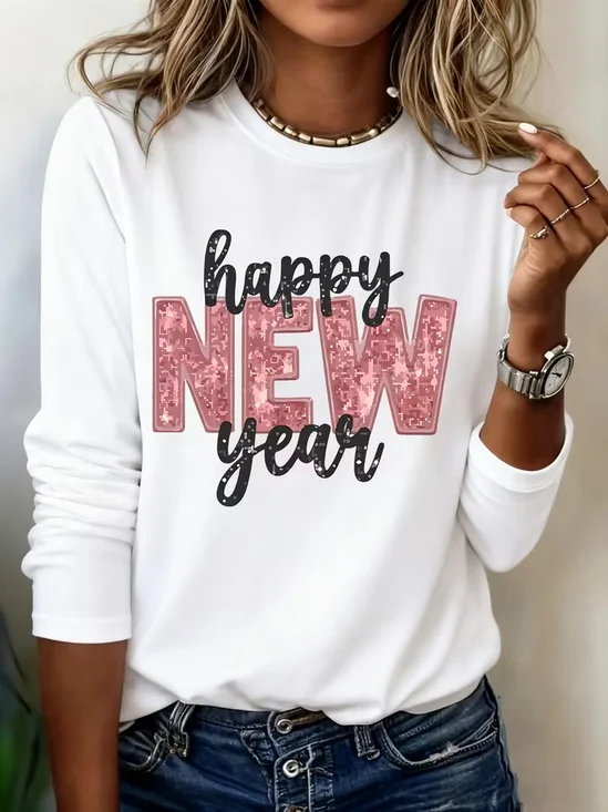 Women Text Letters Long Sleeve Tee T-shirt Crew Neck Casual Spring/Fall Tunic Top