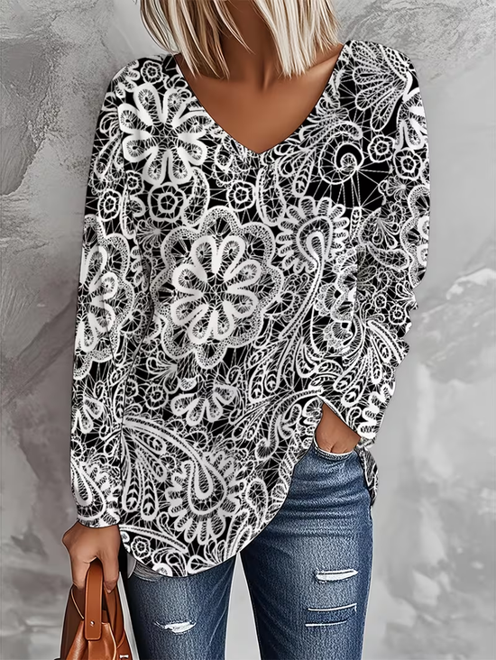 Women Floral Long Sleeve Tee T-shirt V Neck Printing Casual Spring/Fall Graphic Tee Top