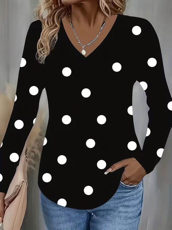 Women Polka Dots Long Sleeve Tee T-shirt V Neck Printing Casual Spring/Fall Graphic Tee Top
