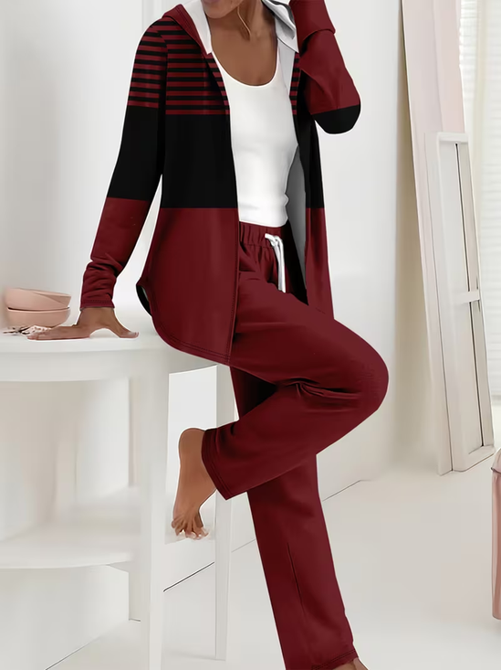 Women Striped Printing Two-Piece Set Daily Long Sleeve Casual Spring/Fall Coat With Pants Matching Set