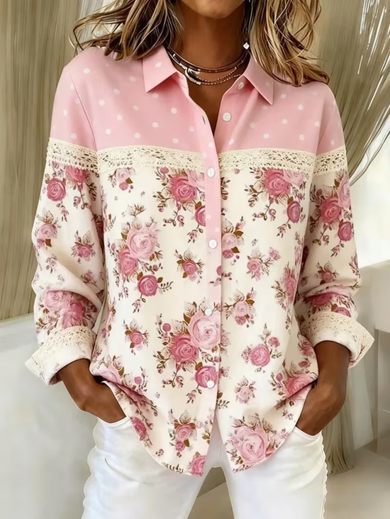 Women Floral Long Sleeve Shirt Spring/Fall Buckle Shirt Collar Regular Sleeve Daily Casual Top