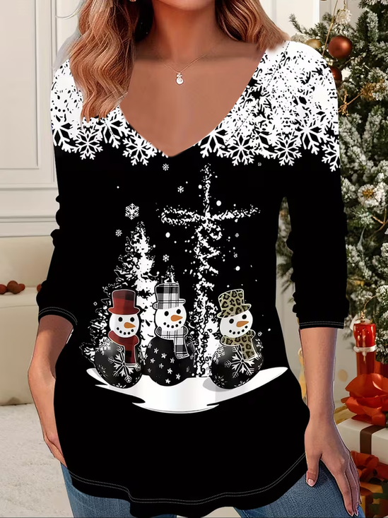 Women Christmas Snowman Long Sleeve Tee T-shirt V Neck Printing Casual Spring/Fall Graphic Tee Top