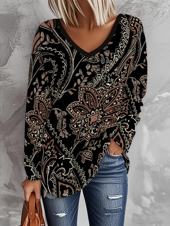 Women Floral Long Sleeve Tee T-shirt V Neck Printing Casual Spring/Fall Graphic Tee Top