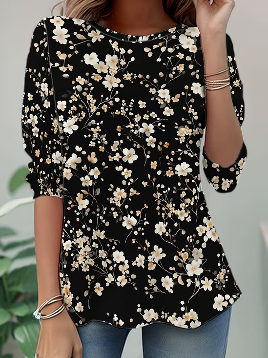 Women Floral Long Sleeve Tee T-shirt Crew Neck Casual Spring/Fall Tunic Top