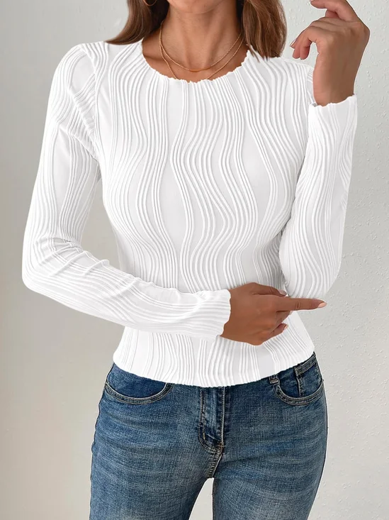 Women Striped Long Sleeve Tee T-shirt Crew Neck Jacquard Casual Spring/Fall Top