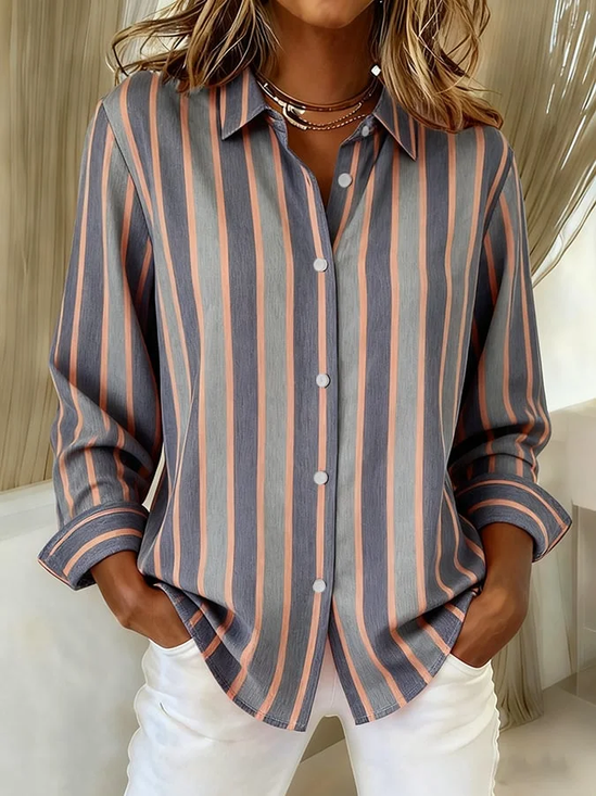 Women Striped Long Sleeve Shirt Spring/Fall Buckle Shirt Collar Regular Sleeve Daily Casual Top