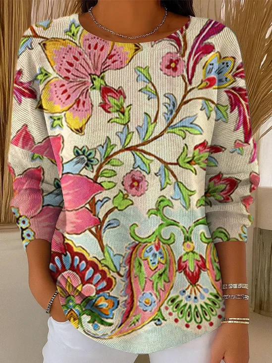Women Floral Printing Spring/Fall Casual Long Sleeve Crew Neck Sweater