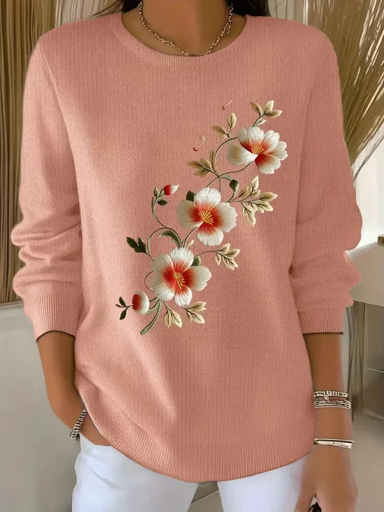 Women Floral Printing Spring/Fall Casual Long Sleeve Crew Neck Sweater