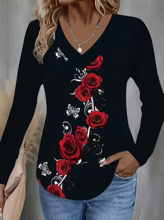 Women Floral Long Sleeve Tee T-shirt V Neck Printing Casual Spring/Fall Graphic Tee Top