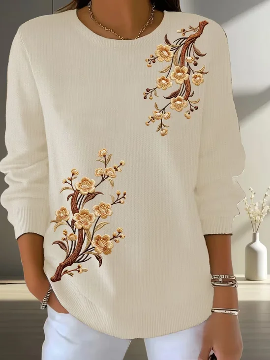 Women Floral Printing Spring/Fall Casual Long Sleeve Crew Neck Sweater