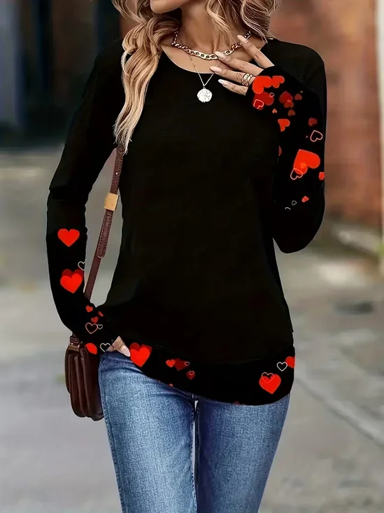 Women Heart/Cordate Long Sleeve Tee T-shirt Crew Neck Casual Spring/Fall Tunic Top