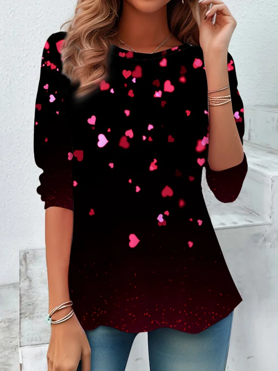 Women Heart/Cordate Long Sleeve Tee T-shirt Crew Neck Casual Spring/Fall Tunic Top