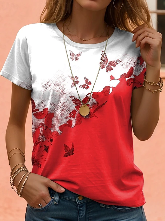 Women Butterfly Short Sleeve Tee T-shirt Crew Neck Printing Casual Summer Graphic Tee Top