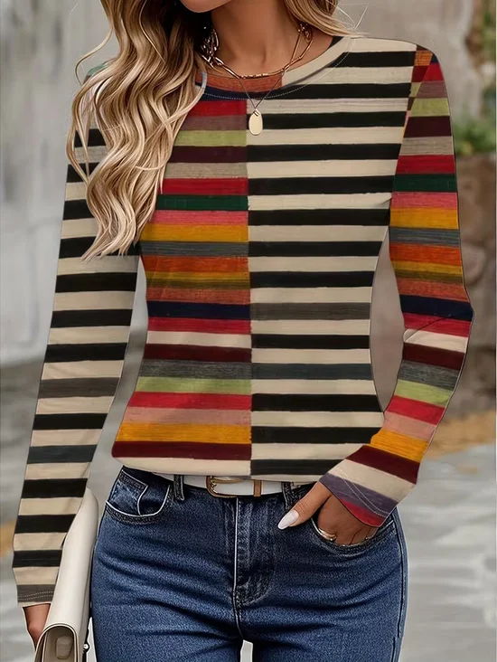 Women Striped Long Sleeve Tee T-shirt Crew Neck Printing Casual Spring/Fall Graphic Tee Top