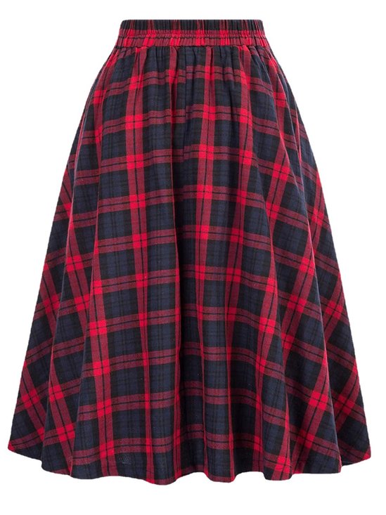 Women Casual Plaid Pleated Spring/Fall Skirt