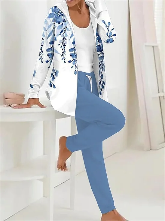 Women Floral Printing Two-Piece Set Daily Long Sleeve Casual Spring/Fall Coat With Pants Matching Set