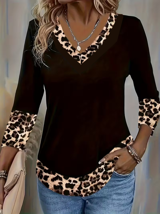 Women Leopard Long Sleeve Tee T-shirt V Neck Printing Casual Spring/Fall Graphic Tee Top