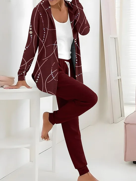 Women Abstract Printing Two-Piece Set Daily Long Sleeve Casual Spring/Fall Coat With Pants Matching Set