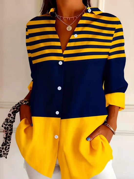 Women Abstract Long Sleeve Shirt Spring/Fall Buckle Shirt Collar Regular Sleeve Daily Casual Top