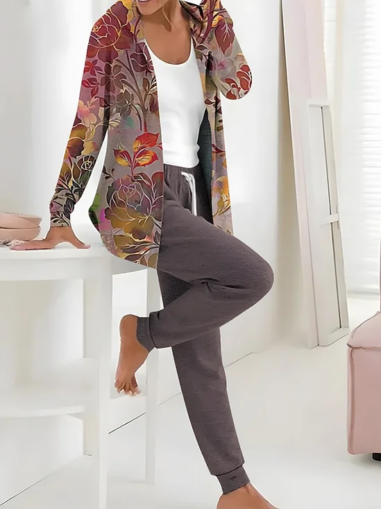 Women Floral Printing Two-Piece Set Daily Long Sleeve Casual Spring/Fall Coat With Pants Matching Set
