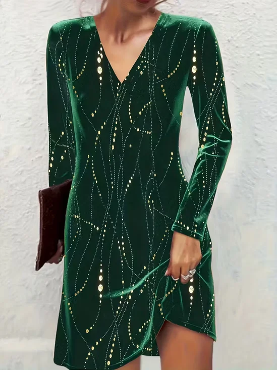 Women Abstract Long Sleeve Summer Printing Dress V Neck Holiday Vintage Midi Tunic A-Line Dress