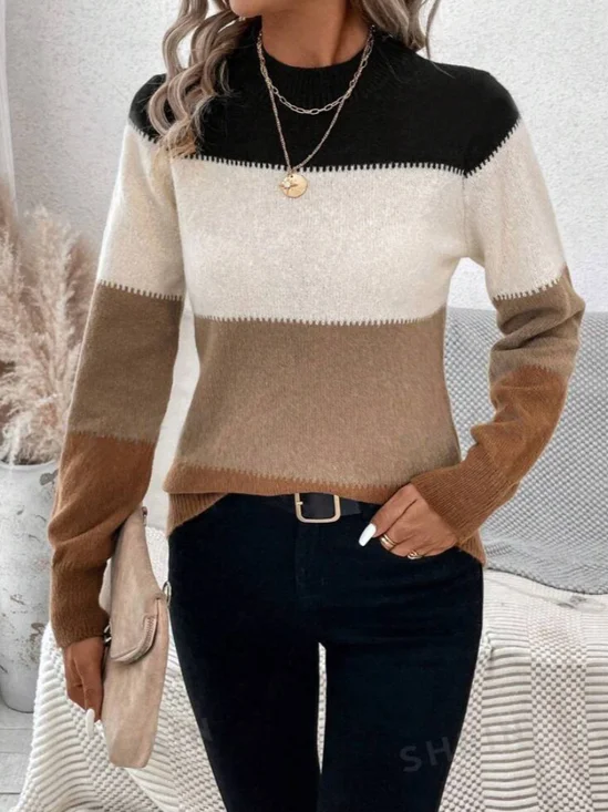 Women Striped Split Joint Winter Street Long Sleeve Crew Neck Sweater