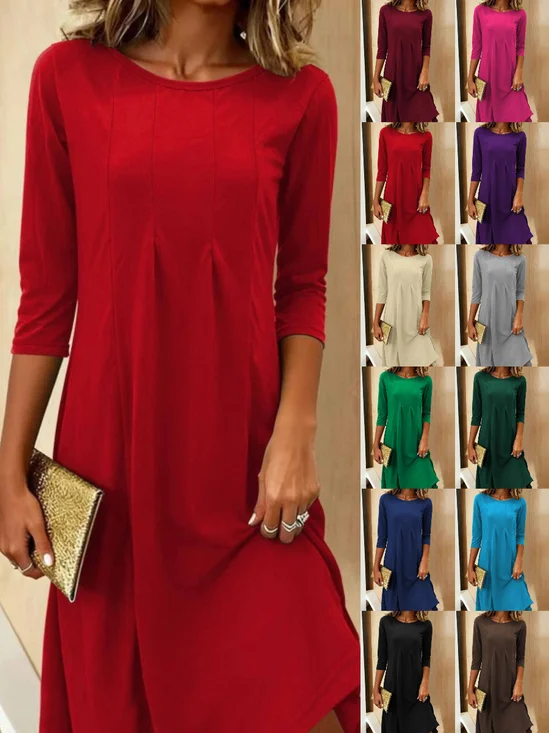 Women Plain Three Quarter Sleeve Spring/Fall Split Joint Dress Crew Neck Daily Casual Midi Tunic A-Line Dress