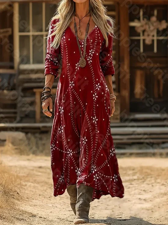 Women Abstract Long Sleeve Spring/Fall Printing Dress V Neck Daily Vintage Maxi H-Line Dress