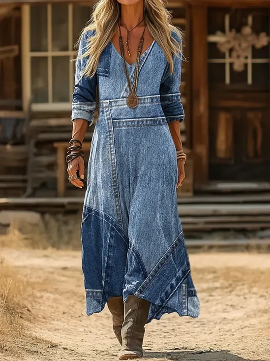 Women Faux Denim Print Graphic Long Sleeve Spring/Fall Printing Dress V Neck Daily Vintage Maxi H-Line Dress