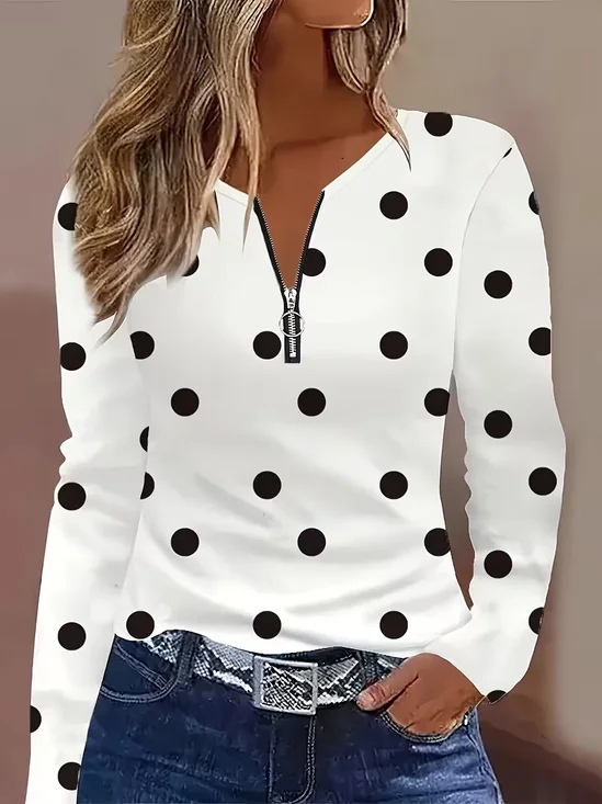 Women Polka Dots Long Sleeve Tee T-shirt V Neck Printing Vintage Spring/Fall Top