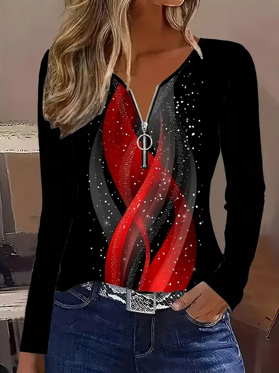 Women Abstract Long Sleeve Tee T-shirt V Neck Printing Vintage Spring/Fall Top