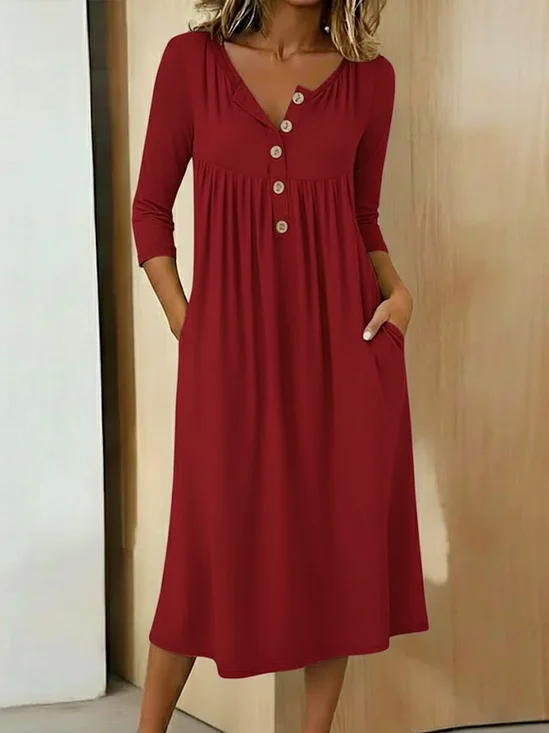 Women Plain Half Sleeve Summer Dress Half Open Collar Holiday Vintage Maxi A-Line Dress