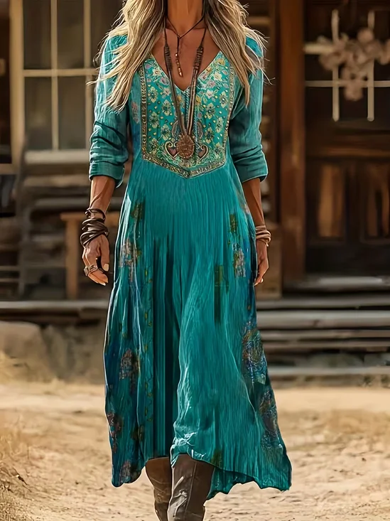 Women Ethnic Long Sleeve Spring/Fall Printing Dress V Neck Daily Vintage Maxi H-Line Dress