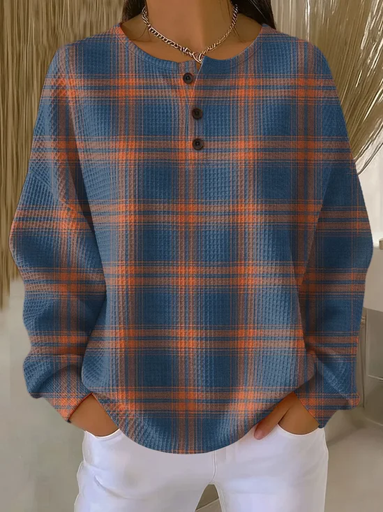 Women Plaid Crew Neck Printing Casual Spring/Fall Long Sleeve Sweatshirt