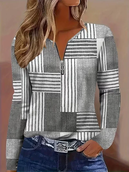 Women Abstract Long Sleeve Tee T-shirt V Neck Printing Vintage Spring/Fall Top