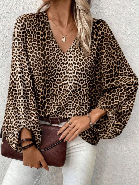 Women Leopard Half Sleeve Shirt Summer Printing V Neck Daily Casual Top
