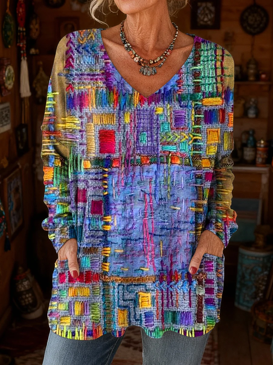 Women Abstract Long Sleeve Tee T-shirt V Neck Printing Vintage Spring/Fall Top