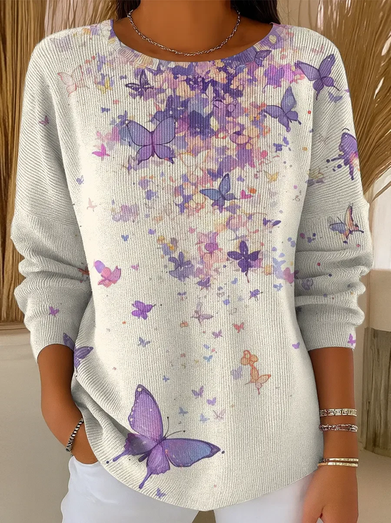 Crew Neck Butterfly Casual Printing Sweater