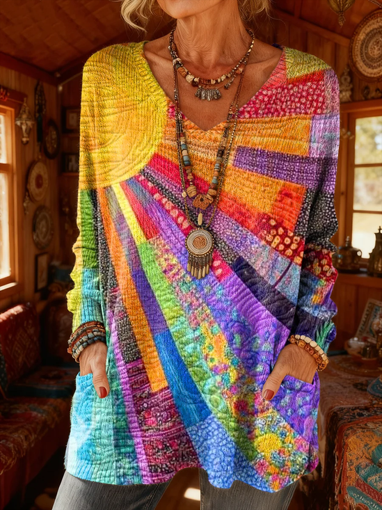 Women's Long Sleeve T-shirt Spring/Fall As Picture Abstract Printing V Neck Daily Going Out Vintage Top