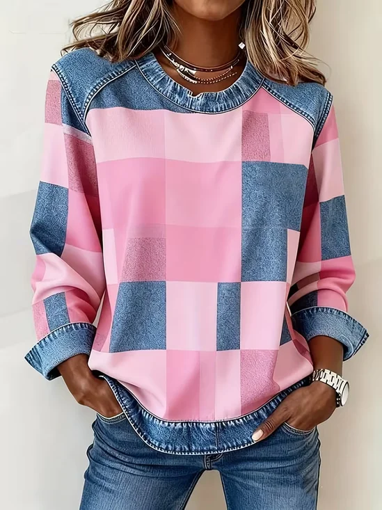 Women's Plaid Print Patchwork Denim Crewneck Long-Sleeved Sweatshirt