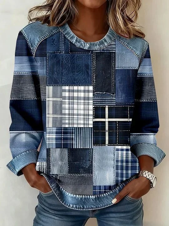 Women's Abstract Print Patchwork Denim Crewneck Long-Sleeved Sweatshirt