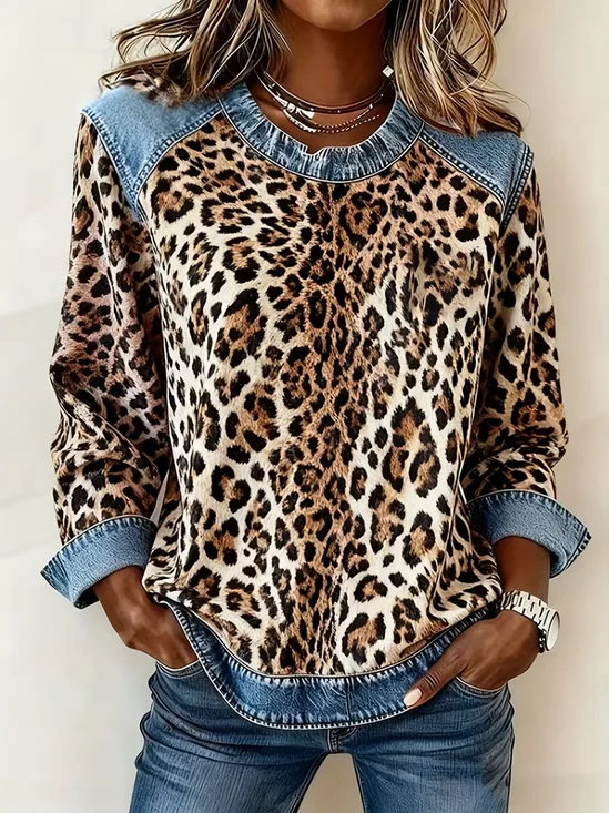 Women's Leopard Print Print Patchwork Denim Crewneck Long-Sleeved Sweatshirt