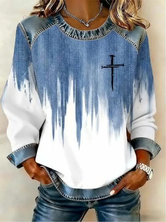 Women's Abstract Belief Print Patchwork Denim Crewneck Long-Sleeved Sweatshirt