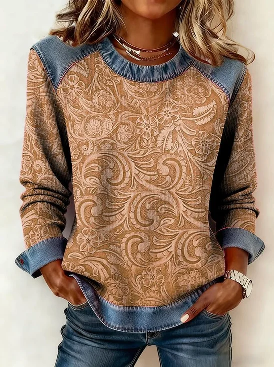 Women's Floral Print Patchwork Denim Crewneck Long-Sleeved Sweatshirt