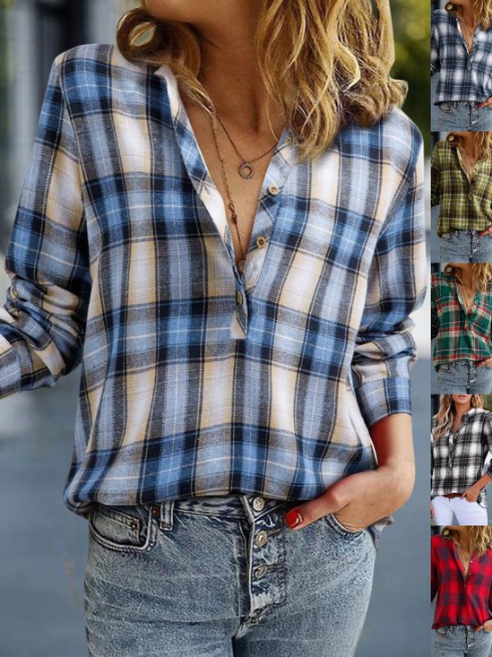 Women's Long Sleeve Shirt Spring/Fall Blue Plaid Split Joint V Neck Daily Going Out Casual Top