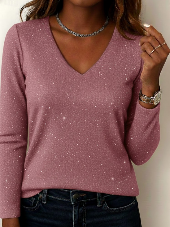 Women Plain Long Sleeve Tee T-shirt V Neck Split Joint Casual Spring/Fall Top