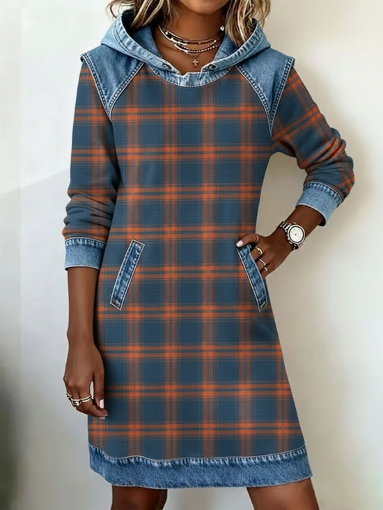 Women Plaid Long Sleeve Hoodie Printing Dress Daily Vintage Midi H-Line Spring/Fall Dress